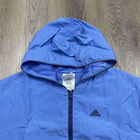 Vintage Adidas Jacket Mens Medium Blue Hooded Windbreaker Full Zip Lightweight - Picture 2 of 12